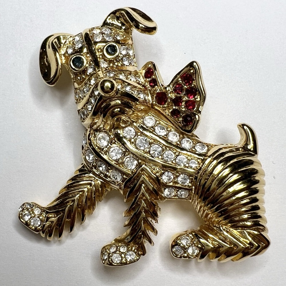 Kenneth Jay Lane Dog Brooch Gold Tone Crystal Red Clear Signed KJL 2in